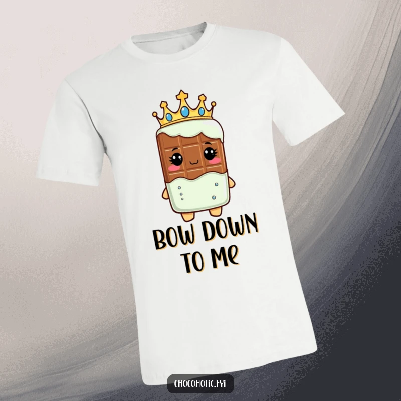 Funny t-shirt featuring a chocolate bar character wearing a crown, looking like royalty, exuding sweet, edible grandeur.