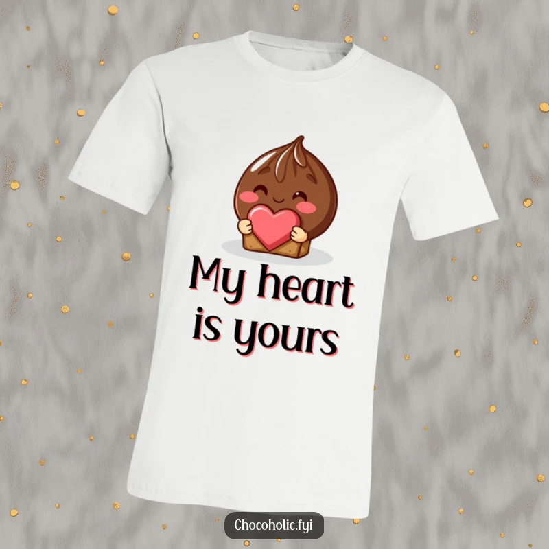 Funny chocolate truffle character with a rosy blush shyly offering a heart-shaped piece on a t-shirt.