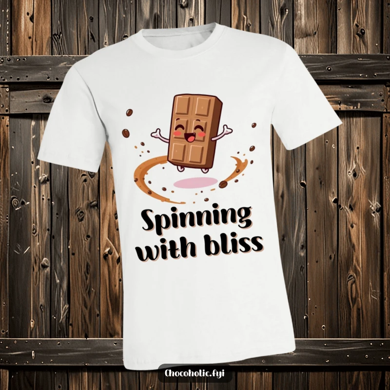 Funny t-shirt illustrating a chocolate bar character joyfully spinning, creating a visible trail of cocoa dust. Dynamic and sweet.