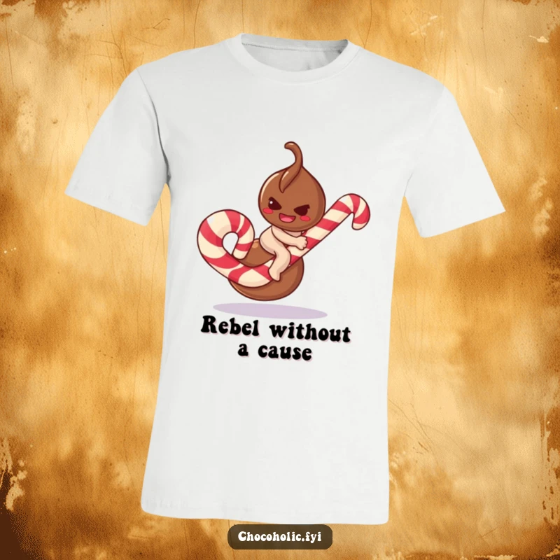 Funny chocolate truffle t-shirt character with a mischievous smirk, attempting to ride a giant candy cane, a bold and playful statement.