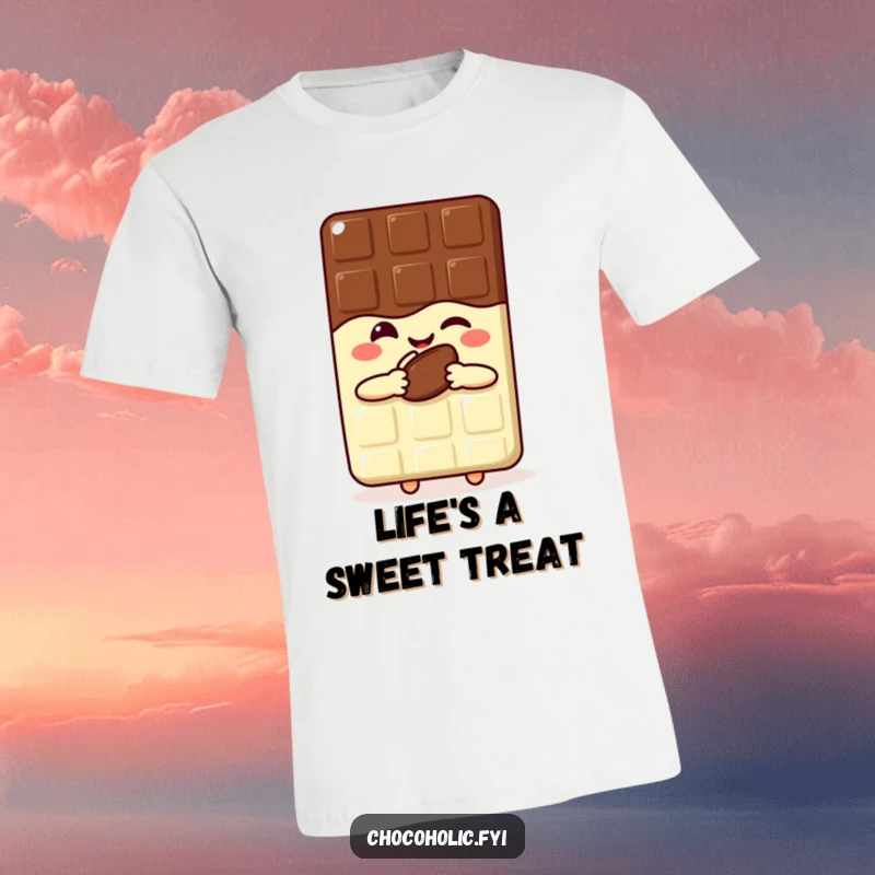 Funny kawaii chocolate bar t-shirt featuring a joyful smiling character winking and holding a cocoa bean.