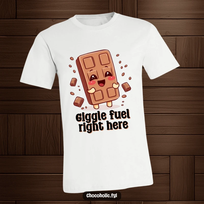 Funny t-shirt featuring a chocolate bar character giggling, with a cascade of chocolate sprinkles falling around it, radiating pure fun.
