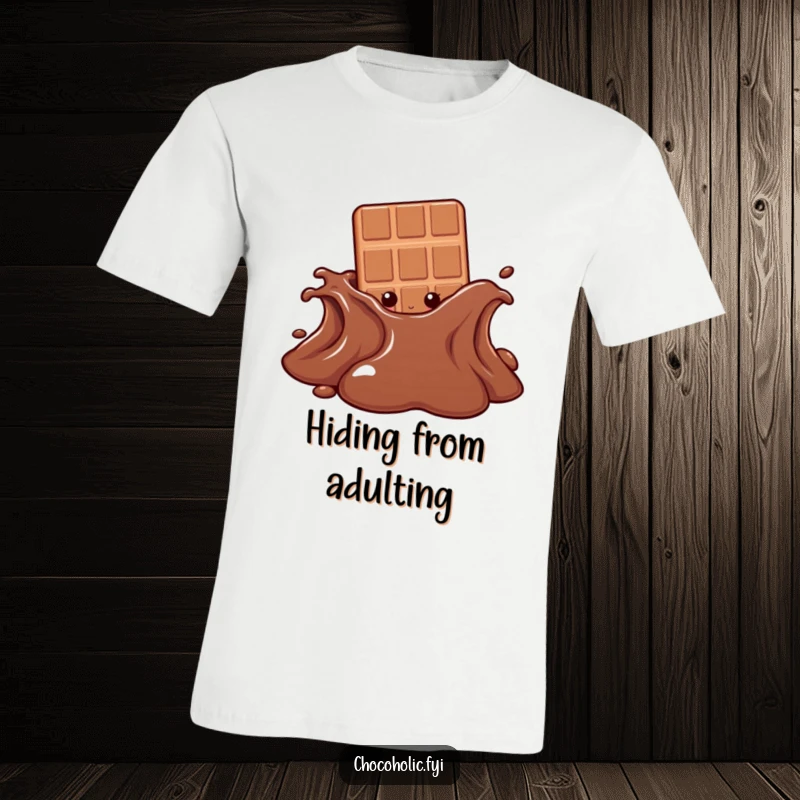 Funny t-shirt showcasing a chocolate bar character peeking from behind a giant, melting chocolate puddle, a playful invitation to indulge.