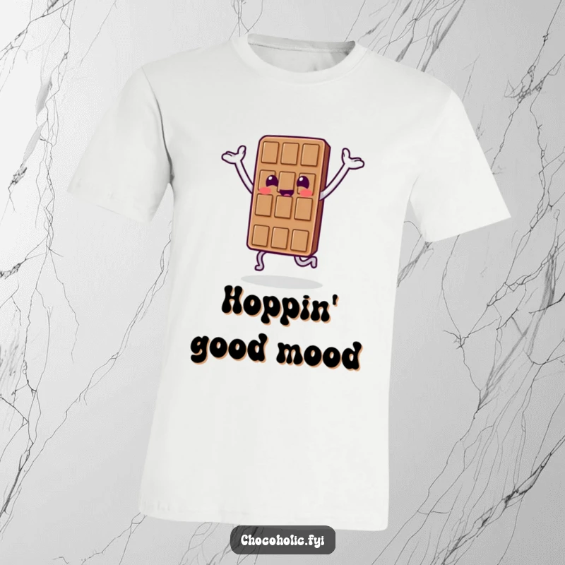 Funny t-shirt depicting a chocolate bar character in mid-hop with arms enthusiastically raised, radiating pure joy.
