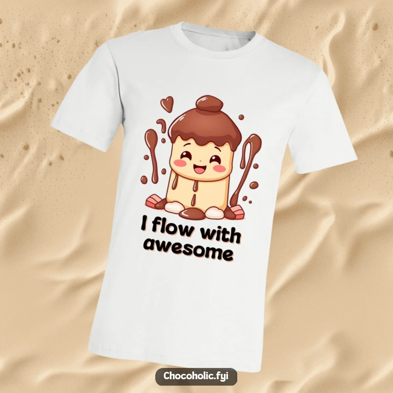 Funny happy chocolate fountain t-shirt character with a wide grin, cascading streams of sweet bliss, a wearable treat.