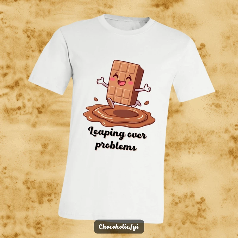 Funny smiling chocolate bar character with legs joyfully leaping over a puddle of melted chocolate, printed on a t-shirt for sweet fun.
