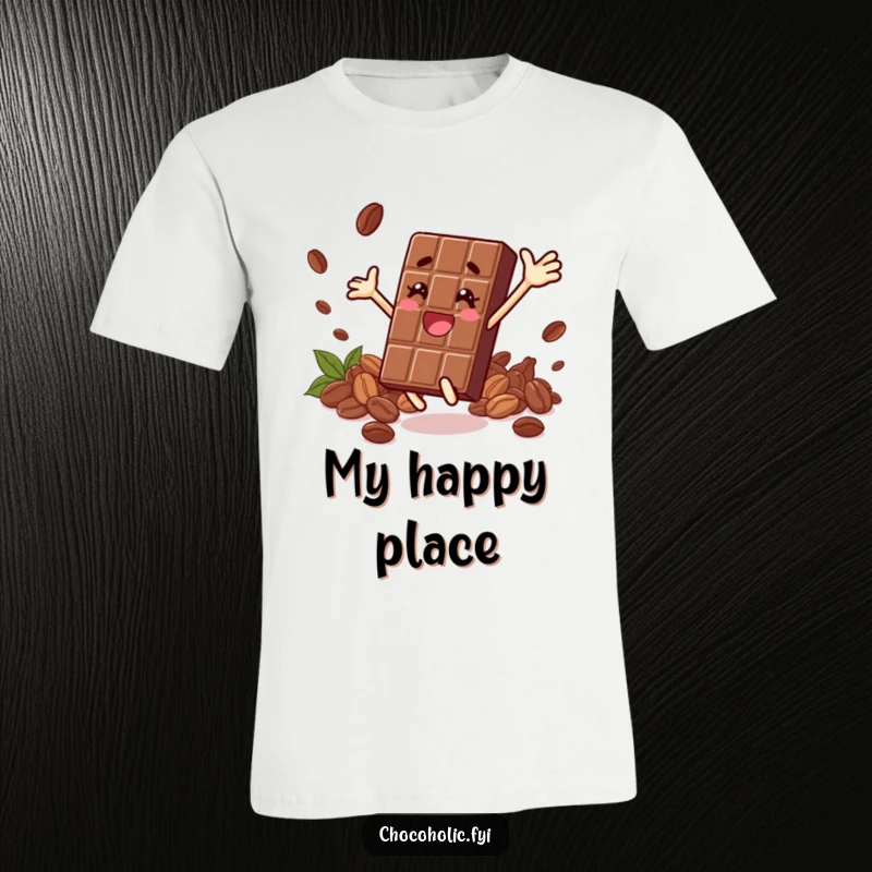 Funny t-shirt featuring a chocolate bar character mid-leap, surrounded by cocoa beans, embodying ecstatic chocolate celebration.