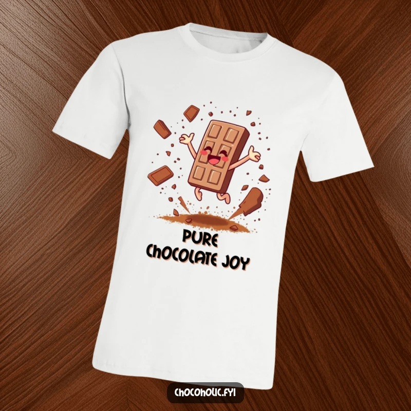Funny chocolate bar character leaping joyfully, scattering cocoa powder like confetti on a t-shirt, showing pure bliss.