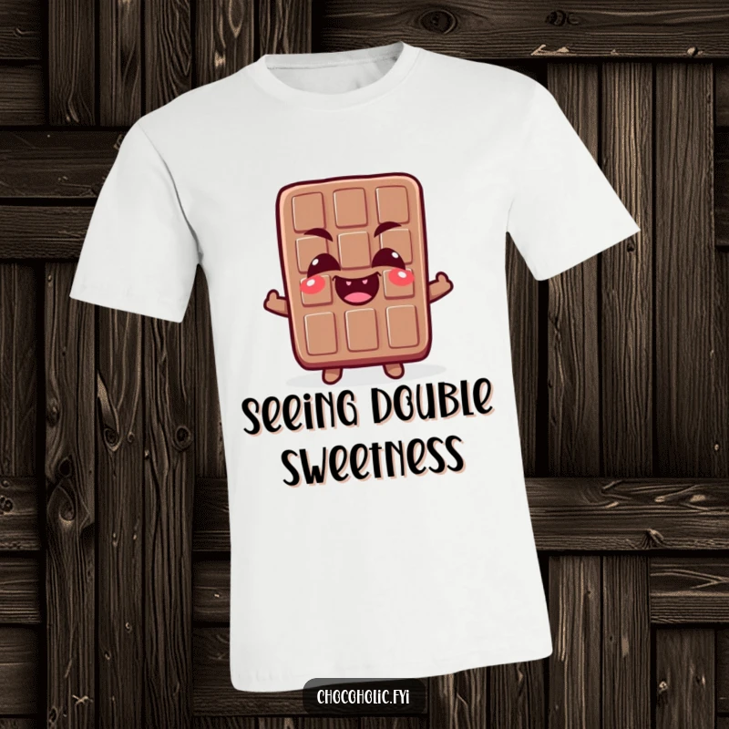 Funny t-shirt with a chocolate bar character sporting comically crossed eyes and an adorable, delighted giggle, radiating pure silliness.
