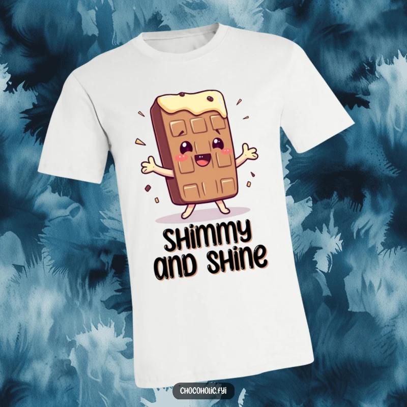 Funny t-shirt showcasing a kawaii chocolate bar character performing a silly, energetic shimmy dance, full of playful joy.