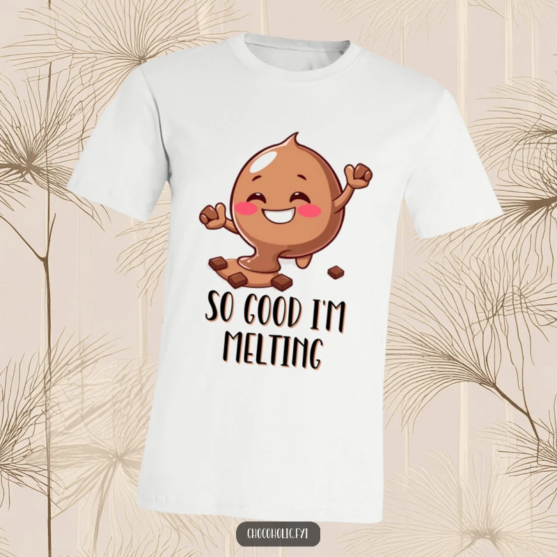 Funny melting chocolate blob character with a silly grin reaching for more chocolate on a t-shirt.