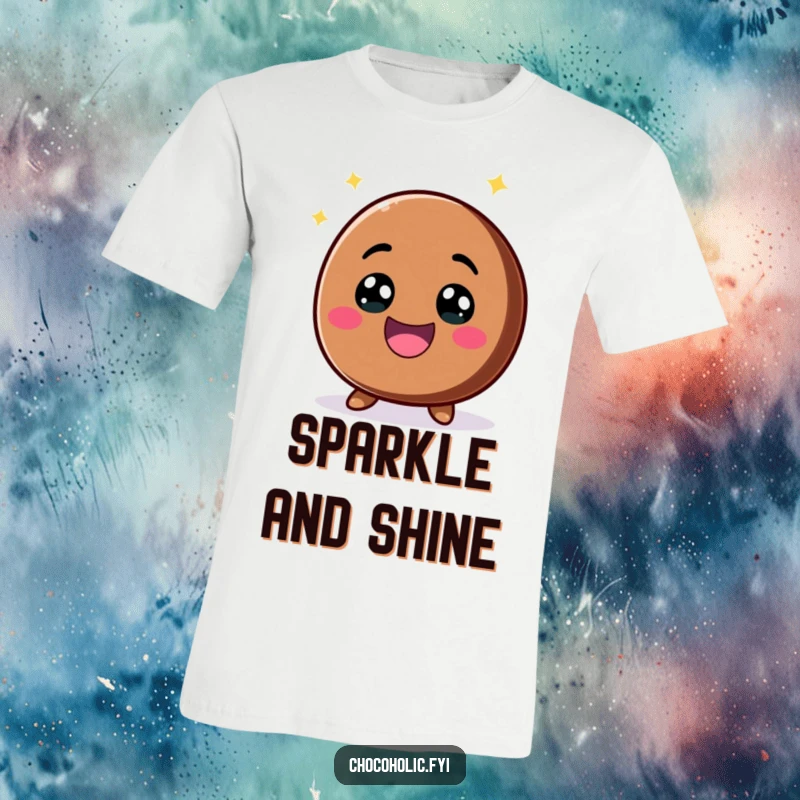 Funny kawaii chocolate chip with a big, excited smile and sparkling eyes on a t-shirt, showcasing infectious positivity.
