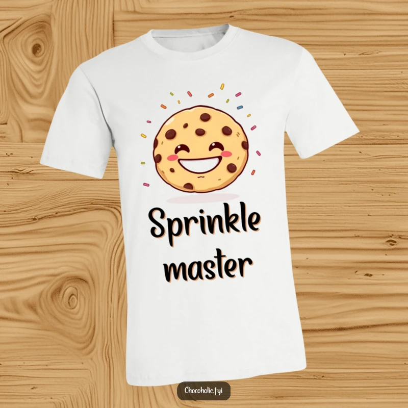 Funny T-Shirt showcasing a cheerful chocolate chip cookie with a wide grin, actively juggling sprinkles. A sweet and amusing wearable art piece.