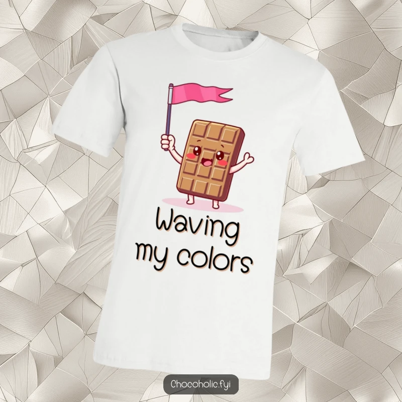 Funny t-shirt featuring a chocolate bar character enthusiastically waving a miniature flag made of shimmering chocolate foil, celebrating happily.