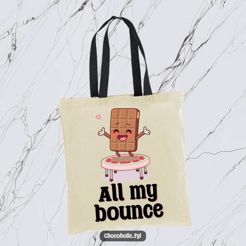 Funny tote bag depicting a chocolate bar character ecstatically bouncing on a marshmallow trampoline, arms outstretched in mid-air excitement.