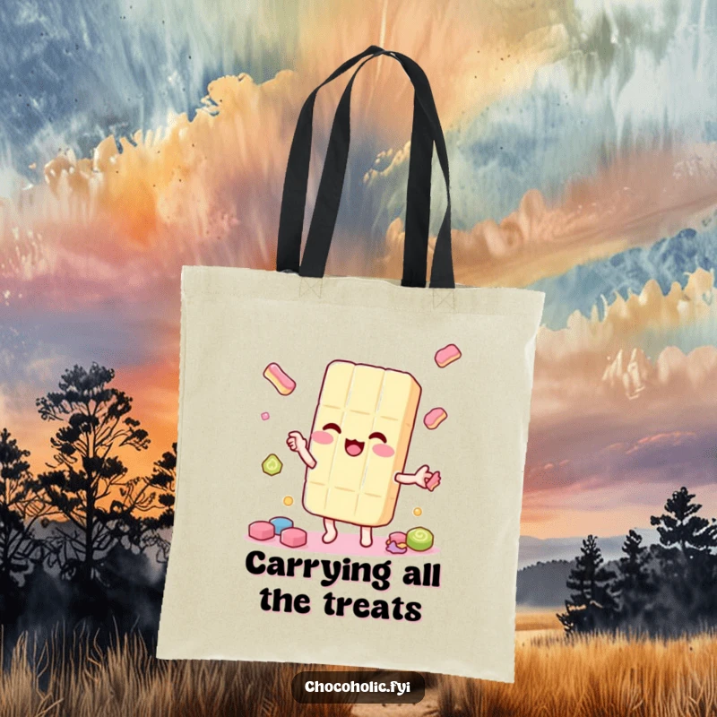 Funny kawaii candy bar character, juggling smaller candy pieces playfully, on a durable tote bag, showcasing sweet talent.