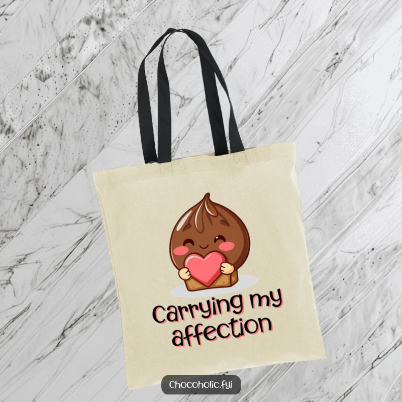 Funny shy chocolate truffle tote bag offering a heart-shaped piece, perfect for carrying items with love.