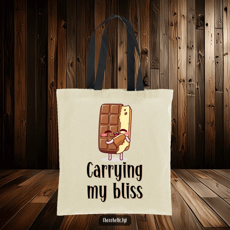 Funny Tote Bag: Kawaii chocolate bar character savoring a bite of itself, eyes closed, perfect for self-care moments and carrying treats with pride.
