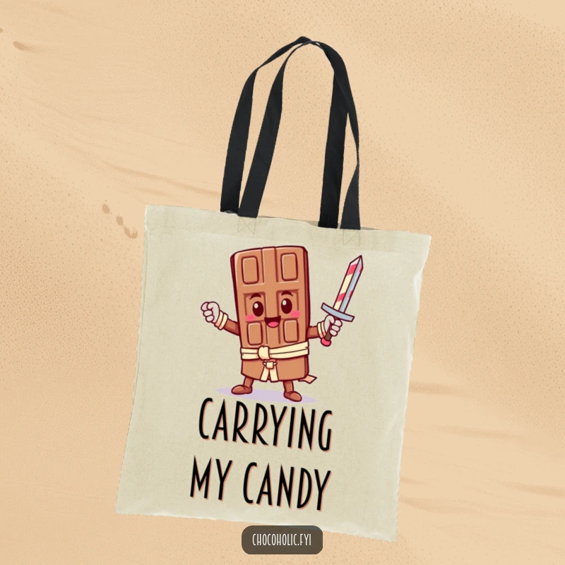 Funny Tote Bag: A heroic kawaii chocolate bar character holds a candy cane sword. Perfect for shoppers who love cute, funny, and adventurous accessories.