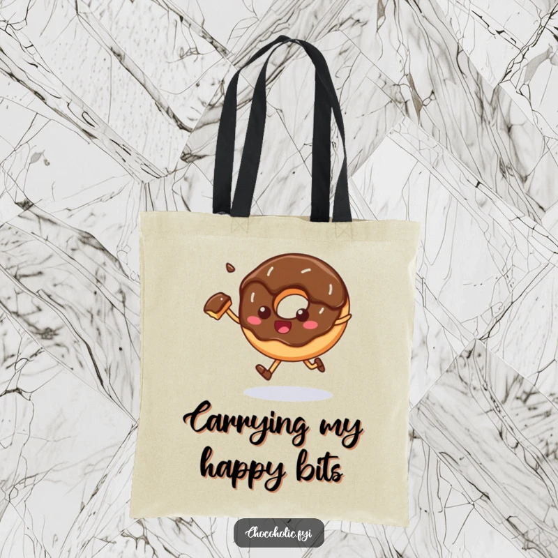 Funny Tote Bag: A chocolate donut with a bite missing happily skips, perfect for carrying belongings with cheerful energy.