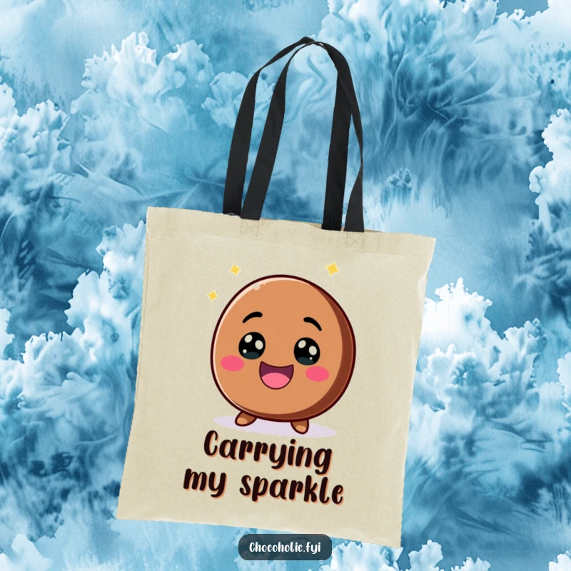 Funny kawaii chocolate chip with a big, excited smile and sparkling eyes on a tote bag, perfect for carrying cheer.
