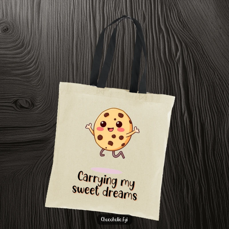 Funny kawaii chocolate chip cookie character, mid-leap with legs kicking, on a sturdy tote bag, playful and active.