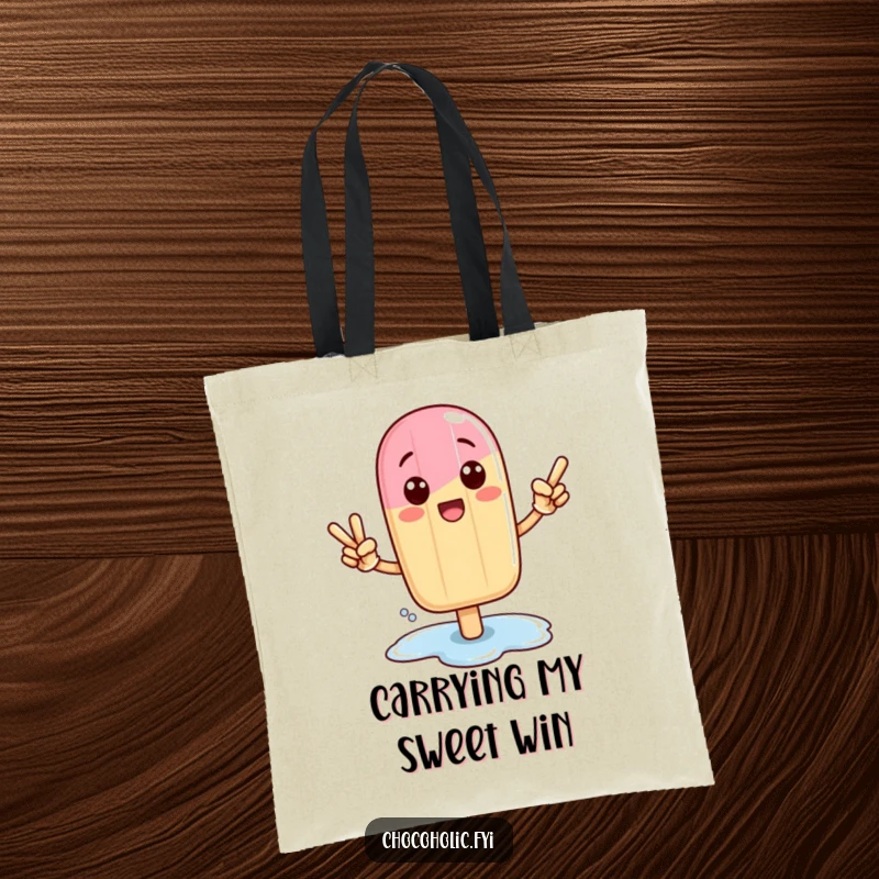 Funny Kawaii popsicle character in a victory pose with a melting puddle, on a tote bag.