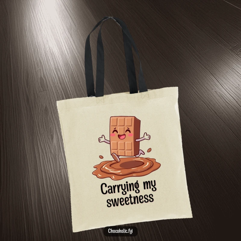 Funny smiling chocolate bar character with legs joyfully leaping over melted chocolate, on a tote bag, perfect for carrying sweet treats.