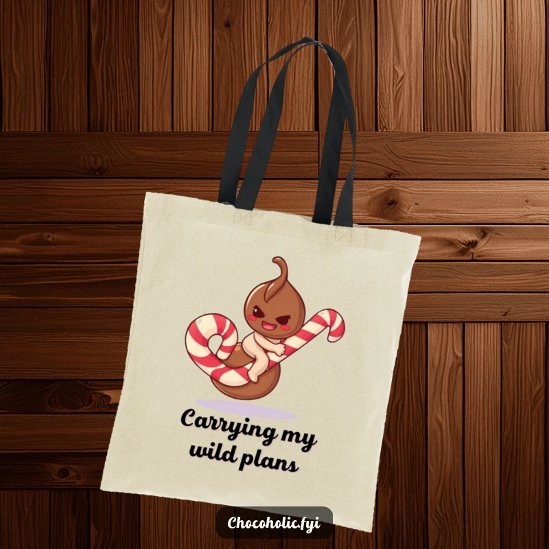 Funny chocolate truffle tote bag character with a mischievous smirk, attempting to ride a giant candy cane, for playful errands.