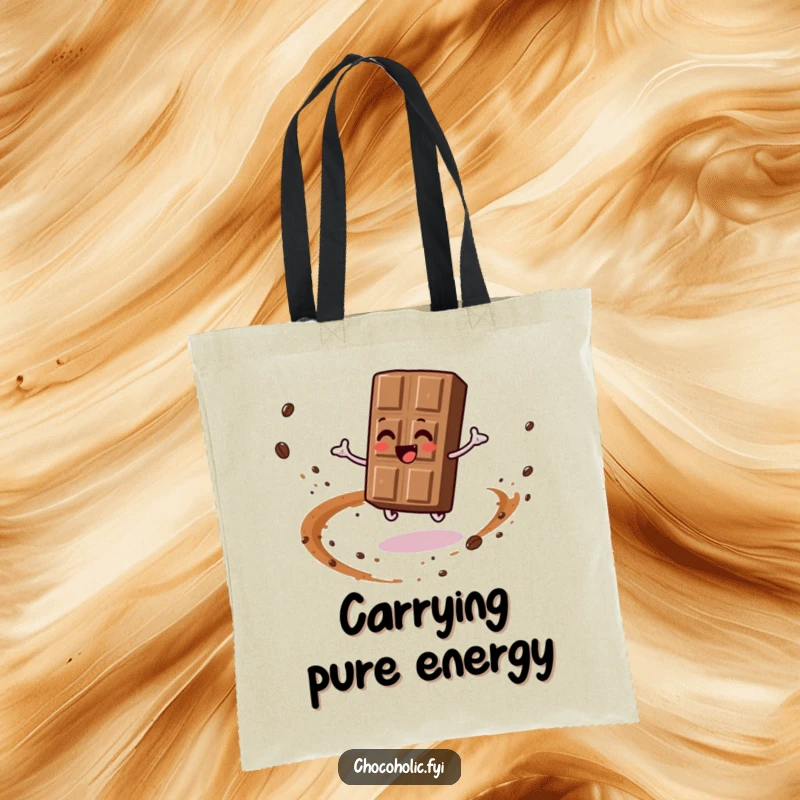 Funny tote bag showing a chocolate bar character gleefully spinning, leaving a distinctive trail of cocoa dust. Sweetly mobile.