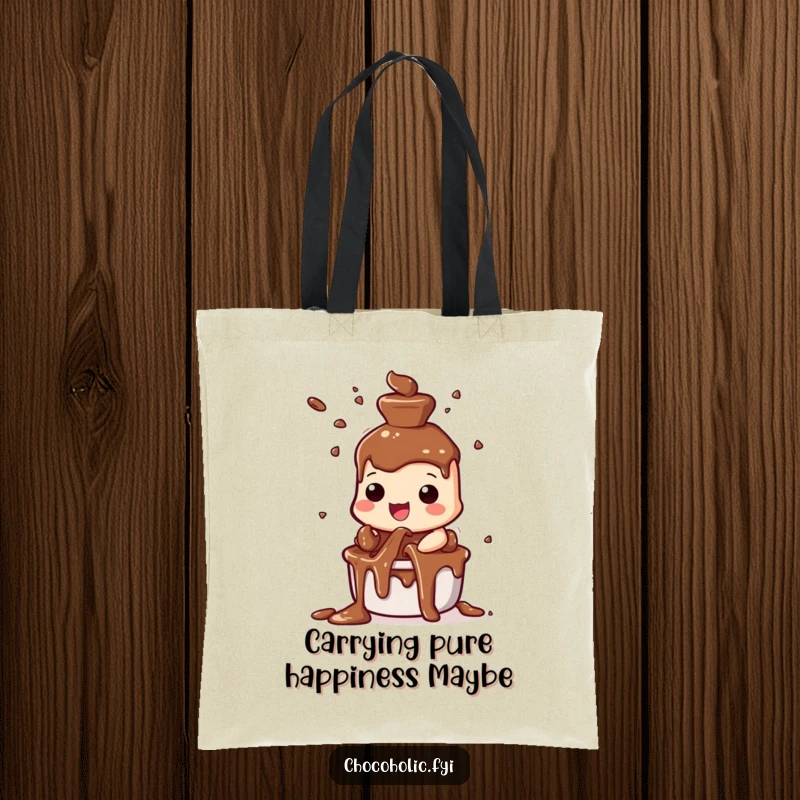 Funny chocolate fountain tote bag with a character joyfully spraying chocolate streams, perfect for carrying essentials with humor.
