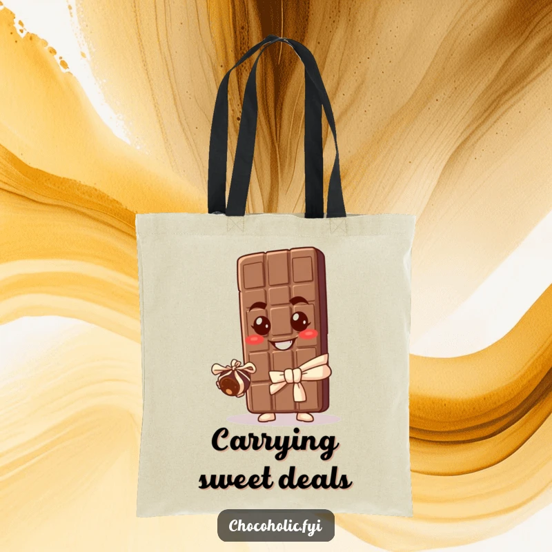 Funny tote bag featuring a chocolate bar character with a sneaky smile, offering a miniature truffle, perfect for carrying treats and laughs.