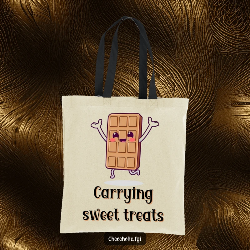 Funny tote bag showcasing a chocolate bar character performing a happy hop with raised arms, celebrating sweetness.