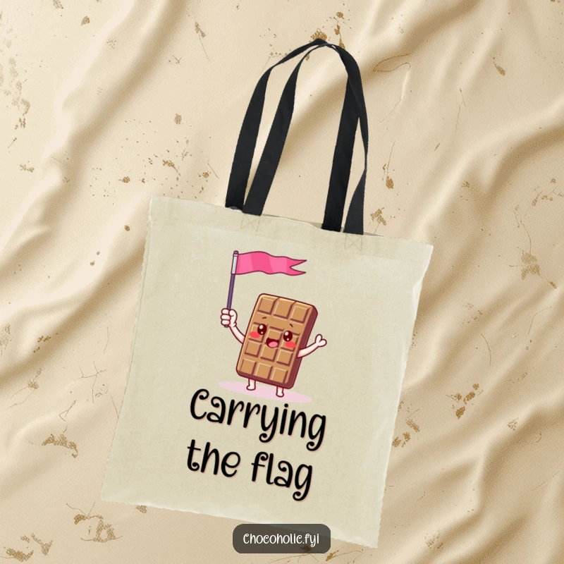 Funny tote bag featuring a chocolate bar character enthusiastically waving a small flag made of chocolate foil, perfect for carrying items with cheer.