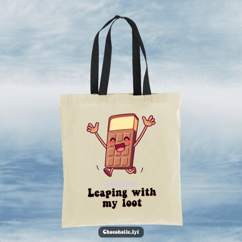 Funny chocolate bar tote bag with a character doing a dramatic, joyful leap, perfect for carrying items with flair.