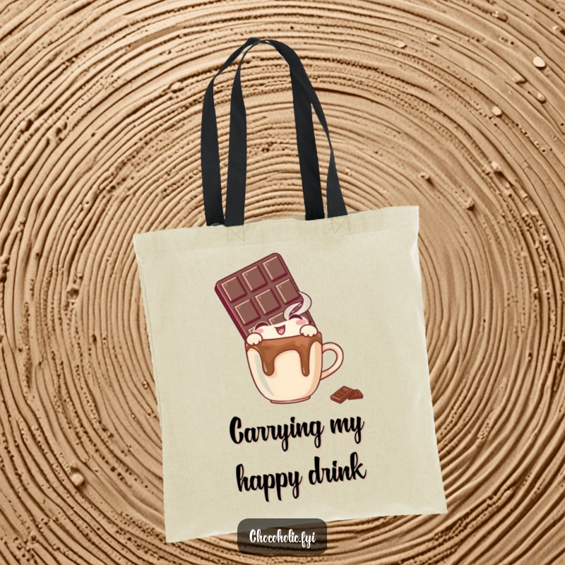 Funny tote bag showing a chocolate bar character with eyes full of delight, peeking over a small, steaming mug.