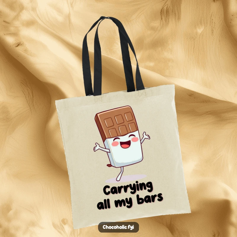 Funny tote bag depicting a giggling chocolate bar character precariously balancing in a yoga pose, designed for humor.