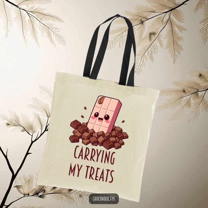Funny tote bag featuring a kawaii chocolate bar character with wide eyes, hugging itself with smaller chocolate pieces, perfect for errands.