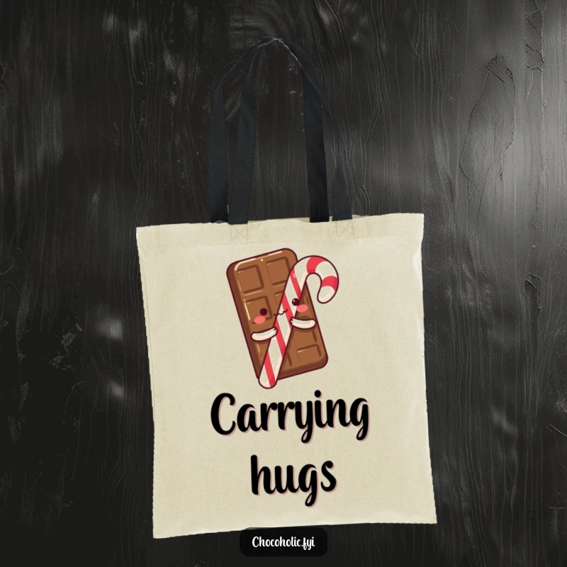 A chocolate bar with tiny arms excitedly hugging a candy cane, depicted on a durable tote bag for a funny and affectionate accessory.