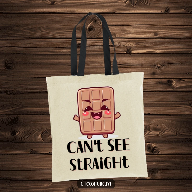 Funny tote bag featuring a chocolate bar character with comically crossed eyes and a giggle, perfect for carrying everyday items with humor.