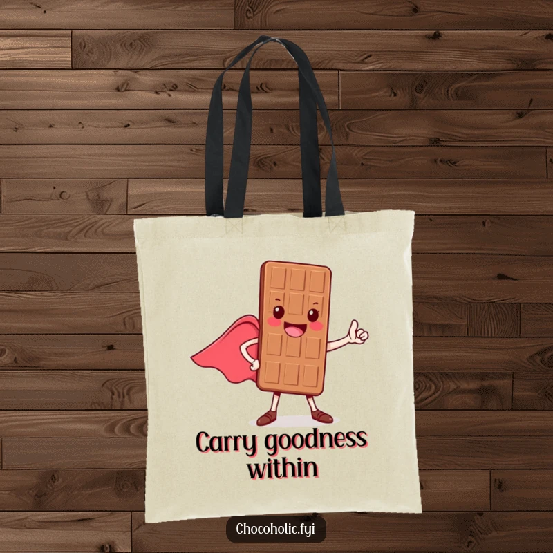 Funny tote bag showcasing a cheerful chocolate bar character in a heroic pose with a flowing cape, ready for action.