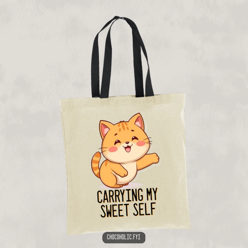 Funny Kawaii caramel character in a cat-like stretch, adorning a durable tote bag for shopping.