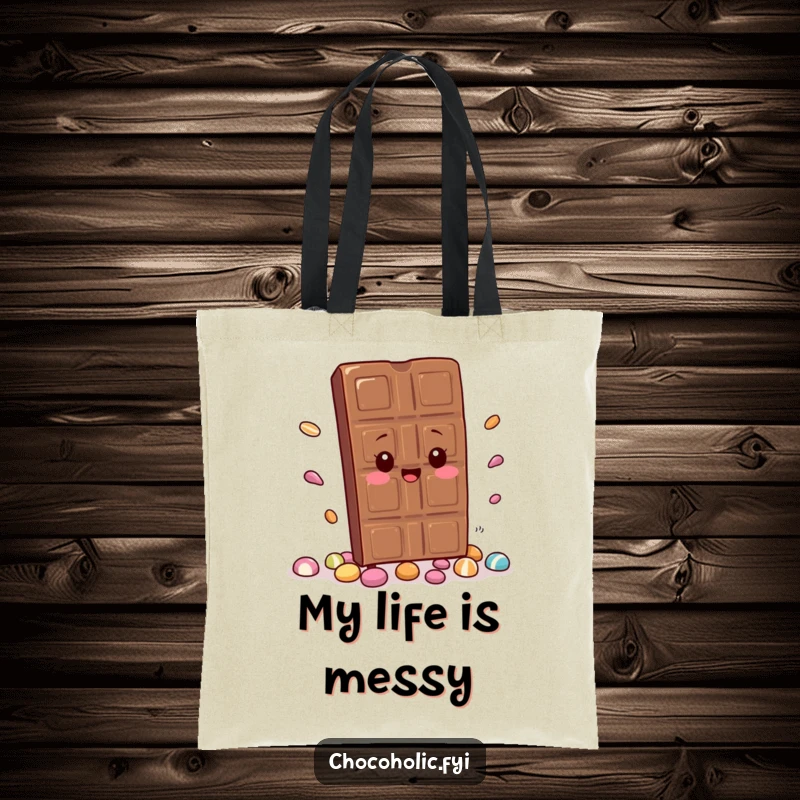 Funny Tote Bag: A kawaii chocolate bar trips and spills candy. Ideal for shoppers who appreciate cute, funny, and practical accessories.