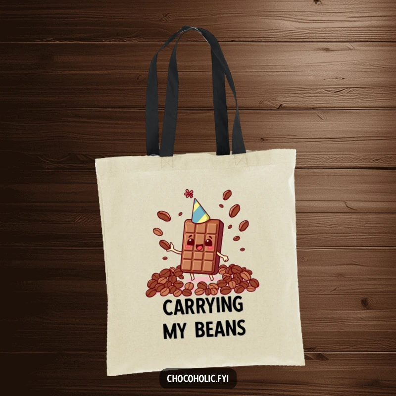 Funny Kawaii chocolate bar with a party hat, skillfully juggling cocoa beans in a stylish tote bag.