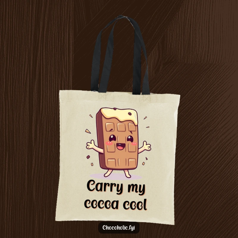 Funny tote bag with a kawaii chocolate bar character engaged in a silly, exaggerated shimmy, perfect for quirky shoppers.