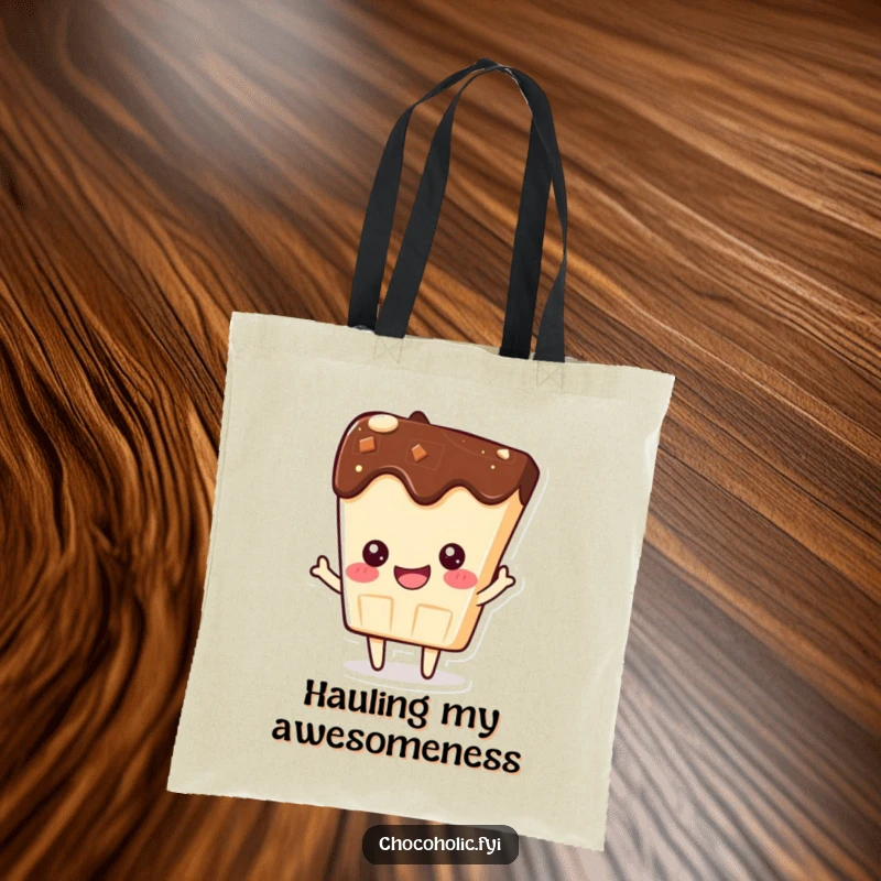 Funny tote bag with a kawaii chocolate bar character beaming with pride, perfect for carrying essentials in style.