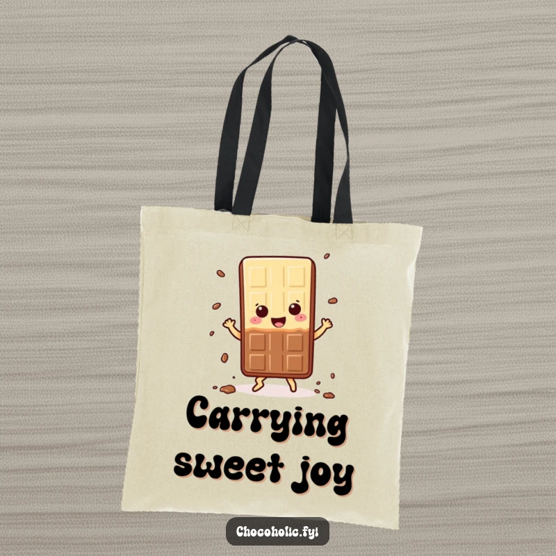 Funny Tote Bag: Kawaii chocolate bar character dancing happily, shedding small crumbs, perfect for carrying treats with a dose of sugary fun.