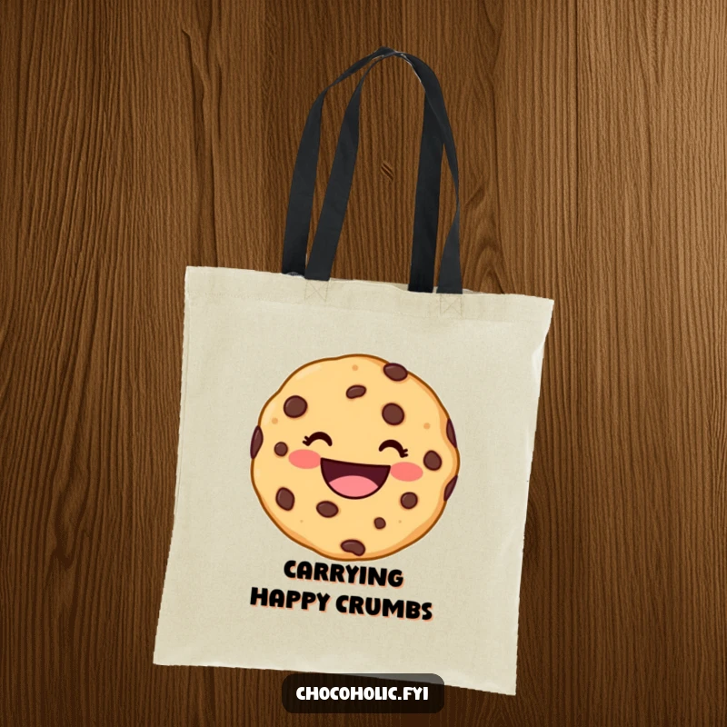 Funny kawaii chocolate chip cookie character with a wide, delighted grin on a tote bag, perfect for smiles on the go.