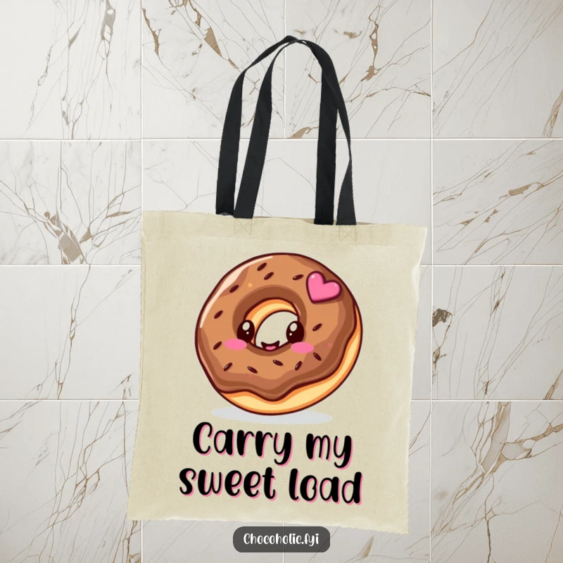 Funny tote bag featuring a kawaii chocolate donut character with a cheerful swirl, perfect for sweet treats and errands.