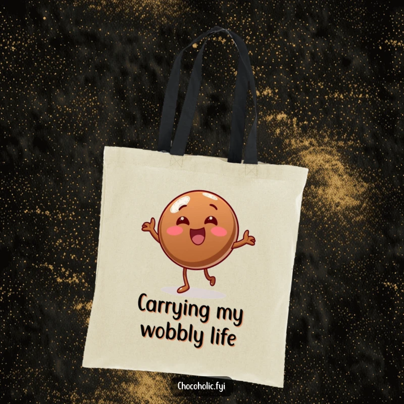 Funny Tote Bag: A joyful chocolate candy is depicted doing a silly wobble dance, perfect for carrying groceries with humor.